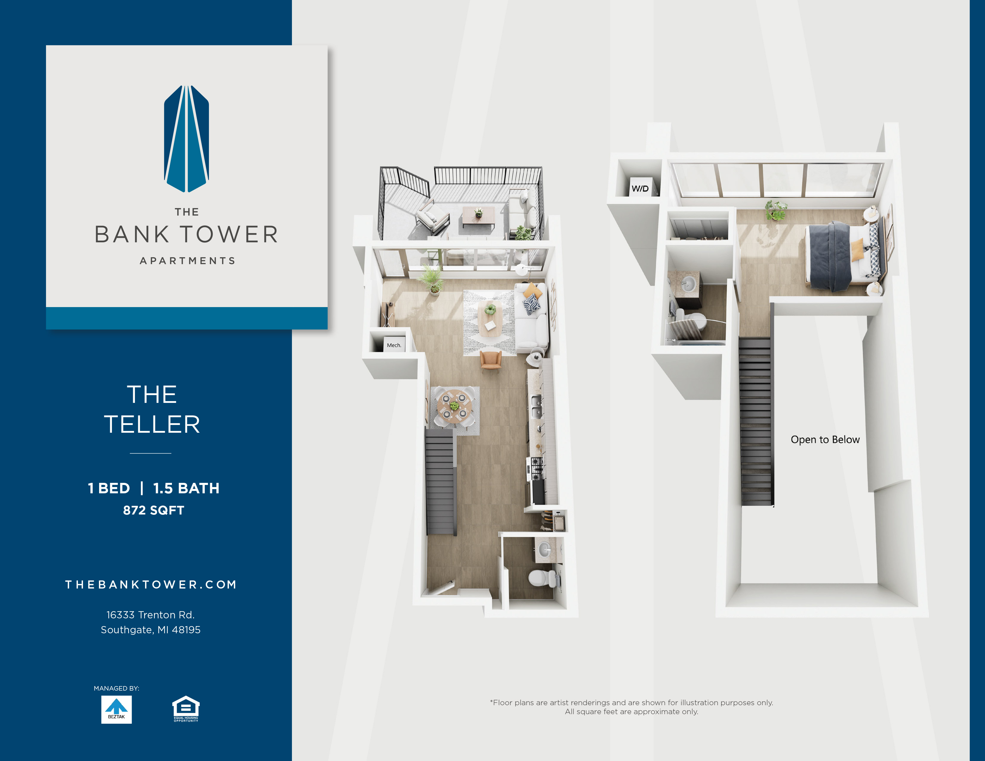 Floor plan for 1 bed, 1 bath, 872 sqft
